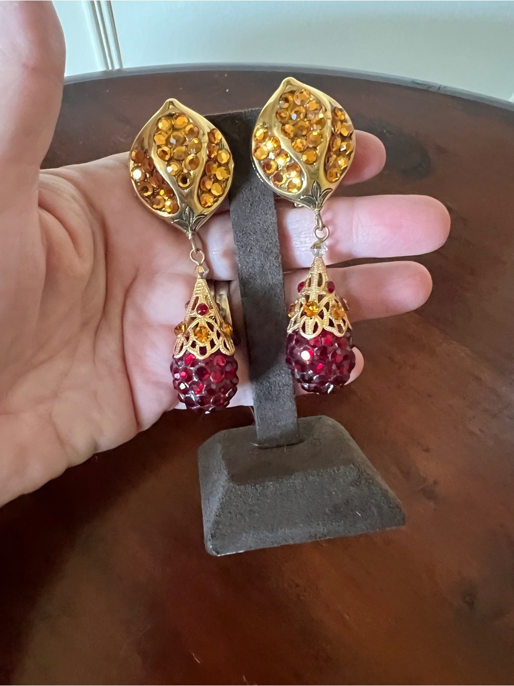 Vintage Red and Gold Rhinestone Dangle Drop Earrings Statement